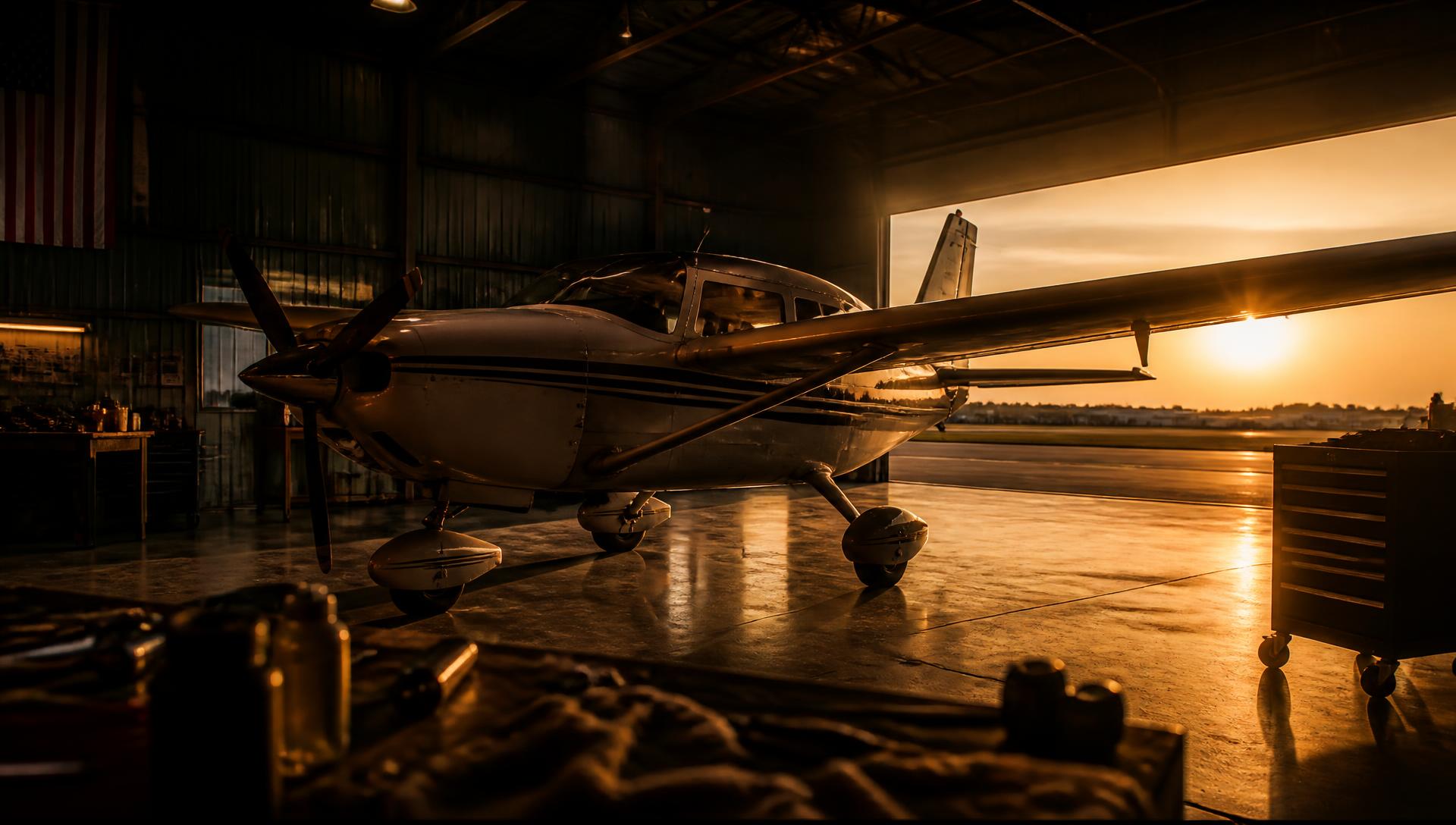 Aircraft in a hangar at sunset